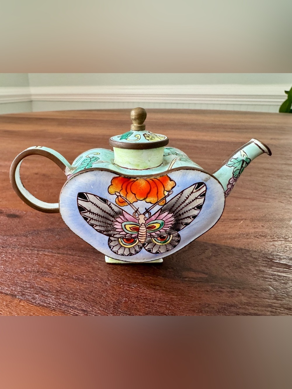 Kelvin Chen Enameled Miniature Teapot   Butterflies and Grapes Heart Shaped